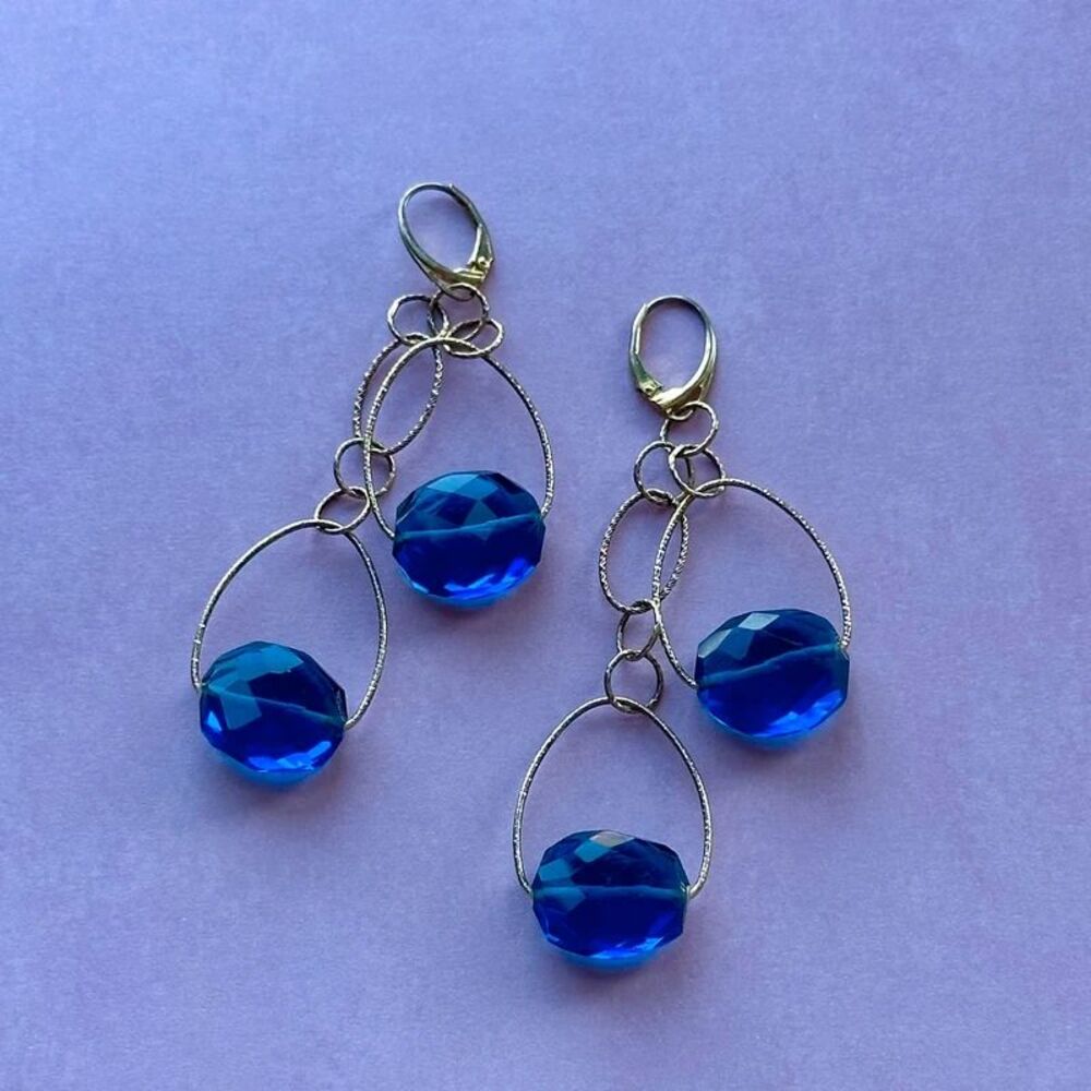 Sterling Silver 925 Vintage Sapphire-Blue Faceted Drop Earrings Gold-Tone